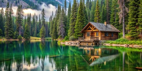Obraz premium A serene wooden cabin nestled amidst a lush forest, its reflection shimmering on the tranquil waters of a secluded lake.