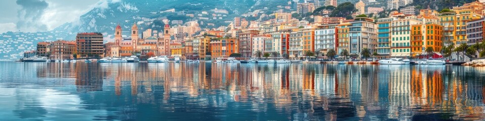 Fototapeta premium banner with Colorful Waterfront Cityscape with Reflections on Calm Water