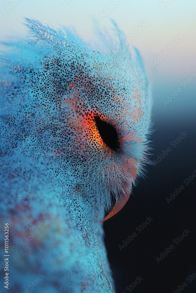 Poster a surreal abstract portrait of an owl with glowing blue and orange details. the intricate feather pa