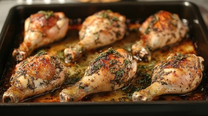 Tender roasted chicken drumsticks arranged on a baking tray, seasoned with herbs and spices, ready to be served for a family dinner.
