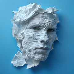 A unique artistic interpretation of a European man created from textured white paper against a solid blue background