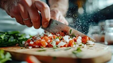 A dynamic close-up of hands skillfully chopping fresh onions and tomatoes on a wooden cutting board, with ingredients ready for cooking in a modern kitchen.