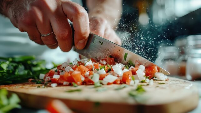 A dynamic close-up of hands skillfully chopping fresh onions and tomatoes on a wooden cutting board, with ingredients ready for cooking in a modern kitchen.