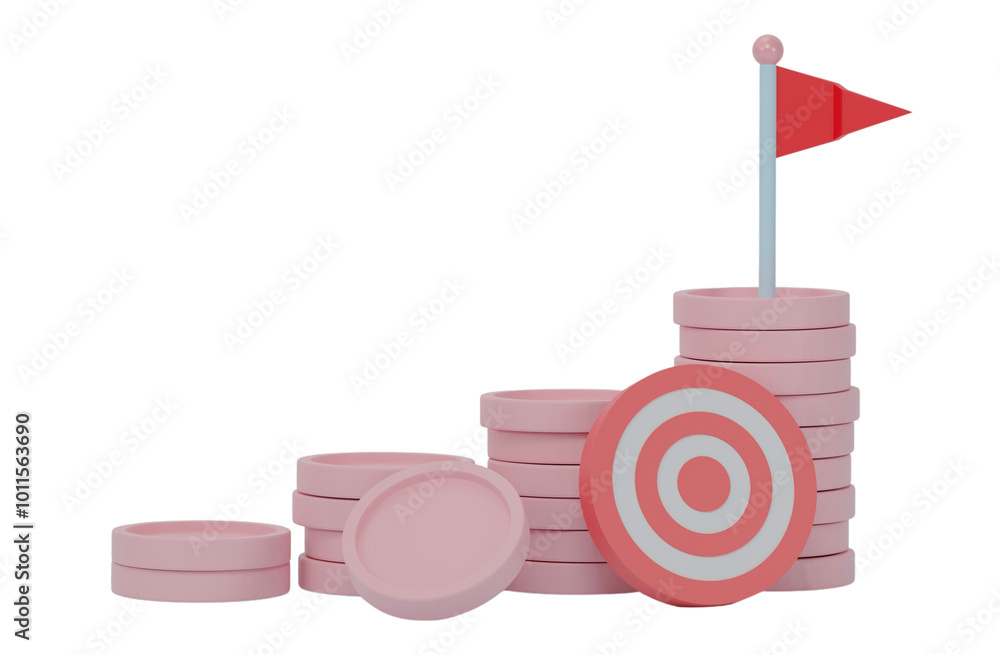 Poster business chart graphics and coin stacks isolated on transparent background. 3d render.