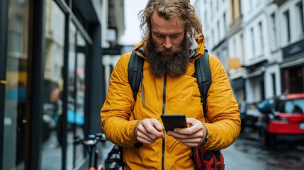 An outdoor scene of a man with long hair and a beard, wearing a yellow jacket, looking at his phone, accompanied by a bicycle, embracing urban exploration.