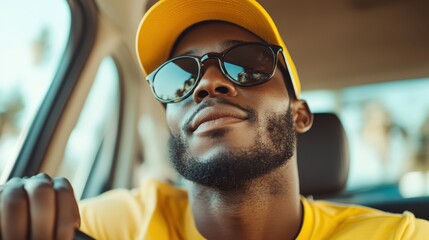 A cool and relaxed young man, dressed in yellow with sunglasses, demonstrates road trip readiness while sitting in a car, capturing the essence of travel lifestyle.
