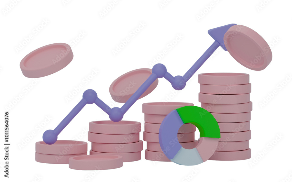 Poster business chart graphics and coin stacks isolated on transparent background. 3d render.