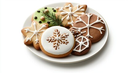 Fototapeta premium Isolated plate of assorted Christmas cookies, with intricate icing designs, on a clean white surface.