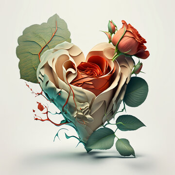 Coeur de couleur blanche et rouge avec des fleurs et des roses, illustration en 3D du coeur humain