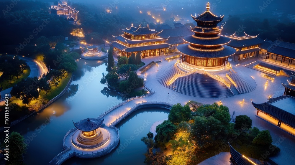 Poster panoramic view of ancient chinese architecture, featuring a large temple complex surrounded by lush 
