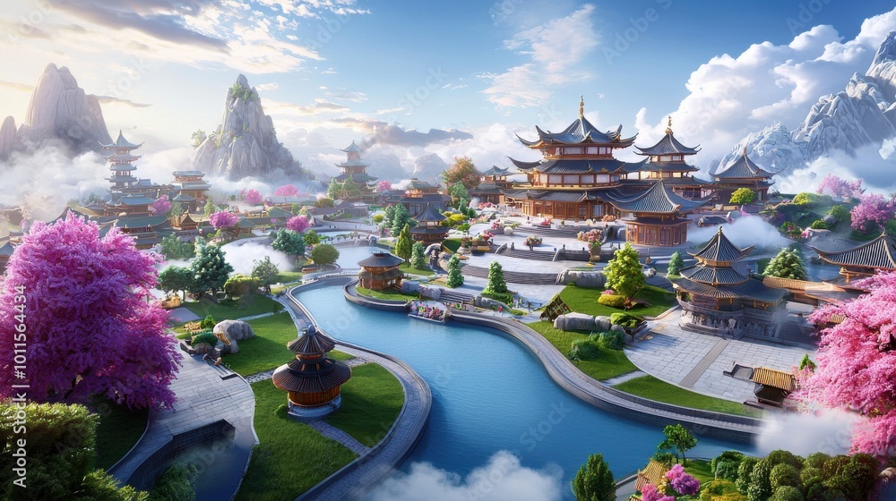 Poster panoramic view of ancient chinese architecture, featuring a large temple complex surrounded by lush 