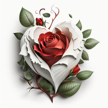 Coeur de couleur blanche et rouge avec des fleurs et des roses, illustration en 3D du coeur humain
