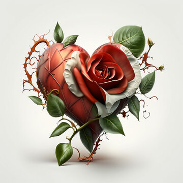 Coeur de couleur blanche et rouge avec des fleurs et des roses, illustration en 3D du coeur humain