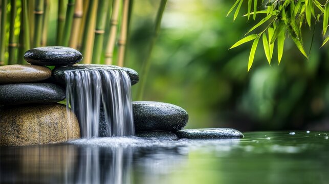 Tranquil waterfall cascading over polished stones in a zen garden, embraced by bamboo, embodying prosperity and harmony in Feng Shui