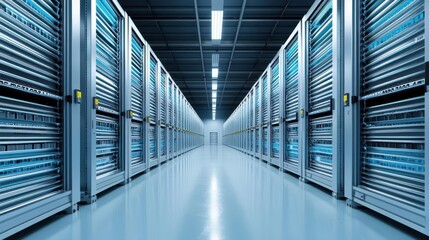 Obraz premium Cold storage warehouse interior with massive refrigeration units, steel shelves, and a temperature-controlled loading dock, Warehouse, Cold Chain Storage