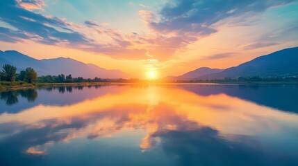 Fototapeta premium Serene Sunset Reflection, tranquil river under a vibrant sky, majestic mountains in the distance, embodying peace and balance, Feng Shui essence
