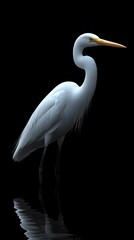 Naklejka premium Great Egret Bird on Black Background, Photo Realistic, Pattern Background, Wallpaper, Cover and Screen for Smartphone, PC, Laptop, 9:16 and 16:9 Format