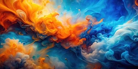 Obraz premium Abstract Swirls of Blue, Orange, and White Ink Blend in a Surreal and Ethereal Display