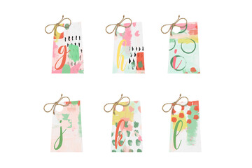 Bright summer abstract labels with Latin letters. Classic ABC tags isolated. Set 2