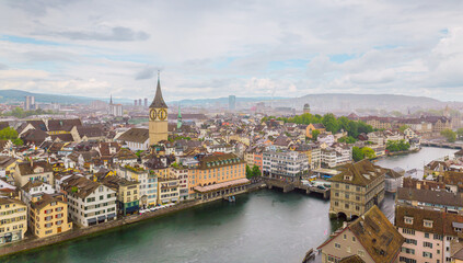 Fototapeta premium Panoramic View of Old Town Zurich, rain day , Switzerland