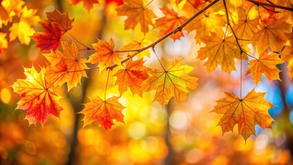 Fototapeta premium Golden Autumn Leaves on a Branch with a Blurry Background of Warm Colors and Sunlight
