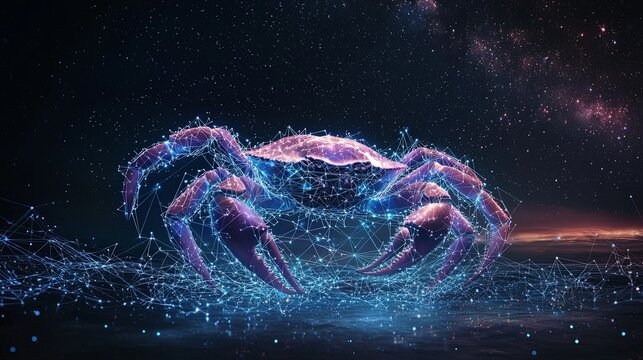 A cosmic crab formed by glowing neon geometric shapes, set in a starlit universe backdrop, conveying themes of exploration and cosmic mystery in abstract form. - Powered by Adobe
