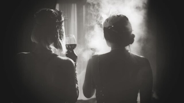 art old film Dark silhouette two women clink glasses drinking red wine back rear view, room night club full smoke. Woman in black evening dress. Sexy girl new year party retro style roaring twenties