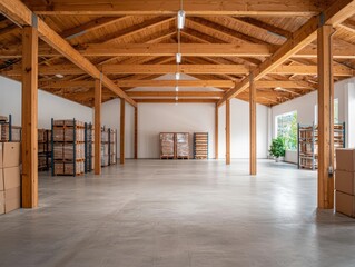 Fototapeta premium Rustic warehouse interior with wooden beams, metal racks, and a large loading dock area, Warehouse, Rustic Industrial