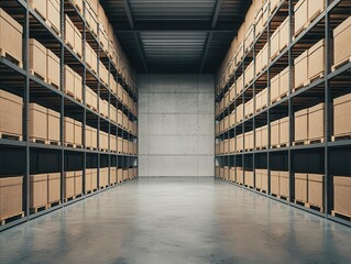 Fototapeta premium Warehouse interior with large steel shelves, stacked crates, and a wide open loading area, Warehouse, Open Loading