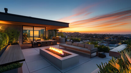 Fototapeta premium Golden Hour Haven: Modern Rooftop Patio with Fire Pit and Lush Greenery
