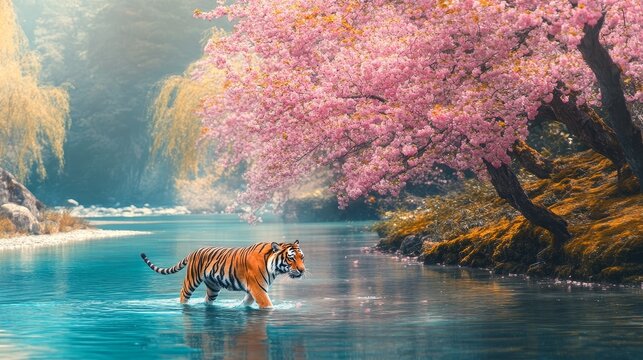 Serene Tiger Amidst Cherry Blossoms by Tranquil River, embodying balance and harmony in a peaceful natural setting