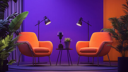 Two orange armchairs facing each other in a studio setting with a microphone and a small table with a plant on it. The wall is purple with a orange wall in the background.