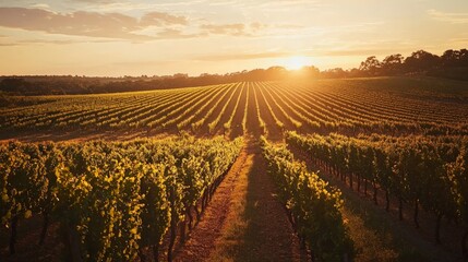 A sprawling vineyard at sunset, with rows of grapevines bathed in golden light