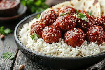 Close-up of Sesame-Crusted Meatballs Served Over Rice