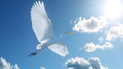 Fototapeta premium Great Egret Bird Flying in Nature Under Blue Sky, Photo Realistic, Pattern Background, Wallpaper, Cover and Screen for Smartphone, PC, Laptop, 9:16 and 16:9 Format