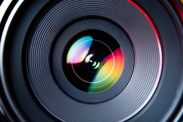 Closeup camera lens reflecting vibrant colors, craftsmanship and precision highlighted
