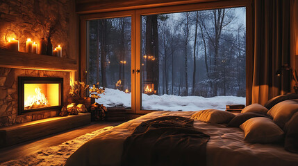 Cozy bedroom with fireplace and snowy forest view.
