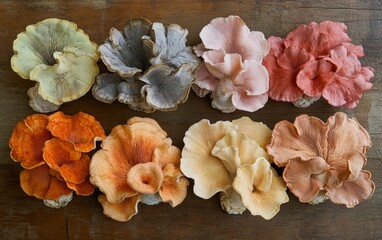 A collection of colorful, decorative mushrooms arranged on a wooden surface, showcasing their unique shapes and hues.