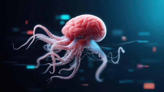 A jellyfish with a brain-like structure, on a dark blue background.