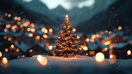 Fototapeta premium A beautiful Christmas tree adorned with lights and a star shines brightly in a snowy landscape, creating a magical winter wonderland atmosphere.