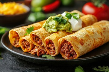 Crispy Beef Taquitos with Guacamole and Sour Cream