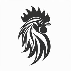 A Stylized Black Rooster Illustration Showcasing Intricate Feather Details on a White Background