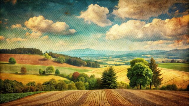 A vintage, rustic, textured landscape with rolling hills, a field of crops, and a clear blue sky with fluffy white clouds.