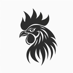 Black Rooster Silhouette With Detailed Feathers on a White Background for Design Projects
