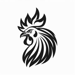Obraz premium Silhouetted Stylized Rooster on White, Highlighting Detailed Plumage and Expression