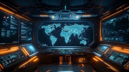 Obraz premium Global logistics control center with a cutting-edge world map