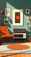 A Cozy Retro-Inspired Living Room With Vibrant Orange Decor and Modern Audio Equipment