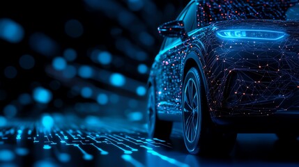 A futuristic car illuminated by glowing blue lights, showcasing advanced technology and digital transformation in automotive design.