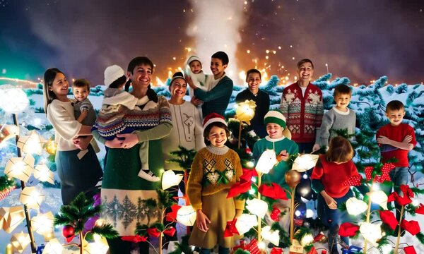 Happy Family with Children and Gifts

Description: A joyful family scene with a mother and children standing together, holding beautifully wrapped gifts. The family is smiling and enjoying a special m