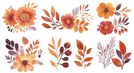 A set of watercolor floral elements in fall colors on a white background.
